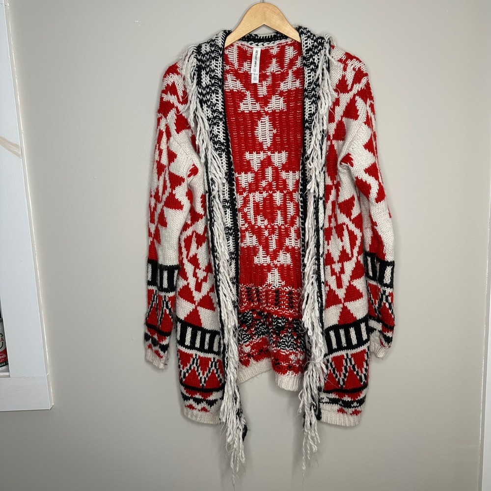 Bethany Mota Women's Geometric Print Tassel Fringe Open Cardigan Sweater XS